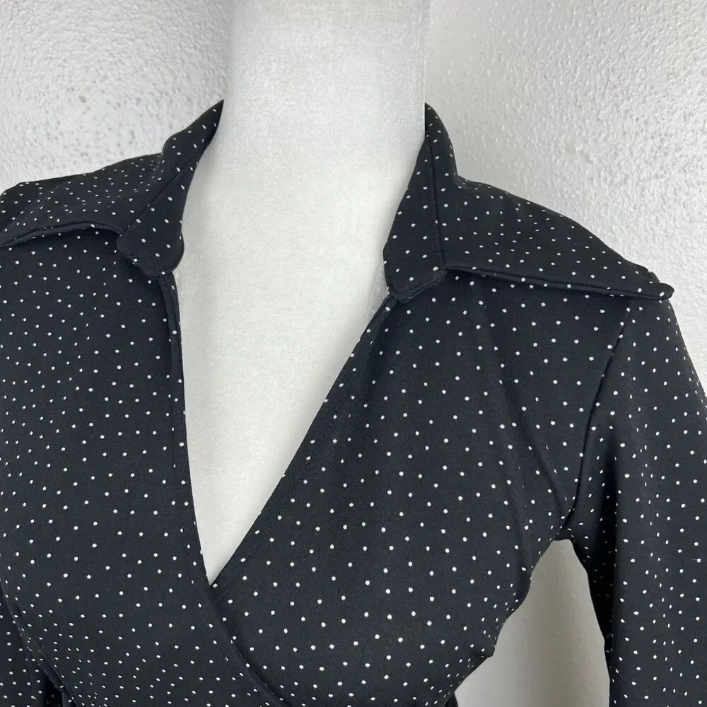 Melissa Masse Dress Women Medium Black White Polka Dot Surplice Tie Waist Casual